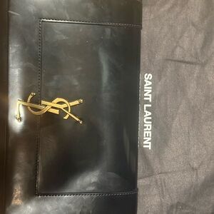 Saint Laurent Black Leather Clutch with Gold Logo